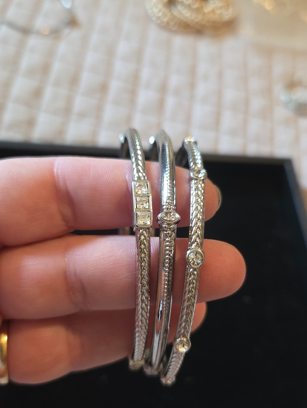 Lia Sophia Textured Silver Bangles With Crystal Accents - Set of 3 Size M